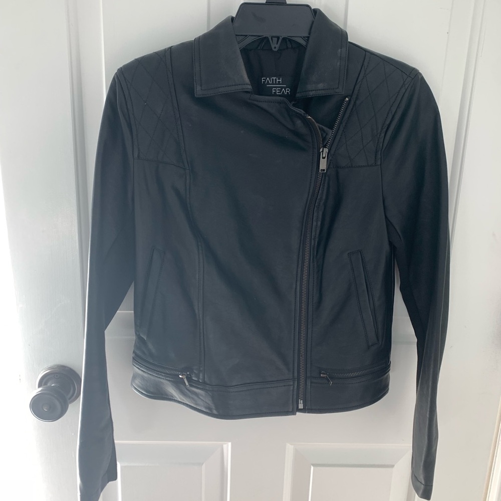 Embroidered Faux Leather Moto Jacket